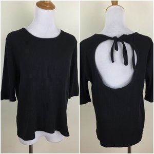 MADEWELL Black Ribbed Cut Out Back Tie Collar 3/4 Sleeve Shirt